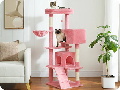 56.3" Cat Tree for Large Cats Adult with Super Large Top Perch Cat Tower with Plush Hammock Dangling Pompom Cat Scratching Post