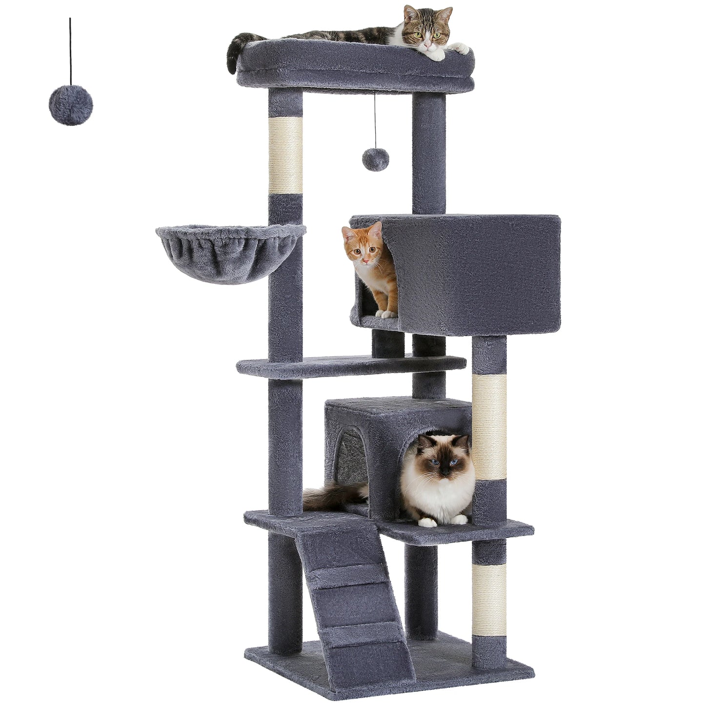 56.3" Cat Tree for Large Cats Adult with Super Large Top Perch Cat Tower with Plush Hammock Dangling Pompom Cat Scratching Post