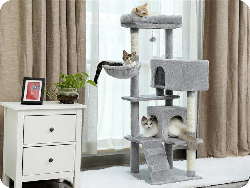 56.3" Cat Tree for Large Cats Adult with Super Large Top Perch Cat Tower with Plush Hammock Dangling Pompom Cat Scratching Post