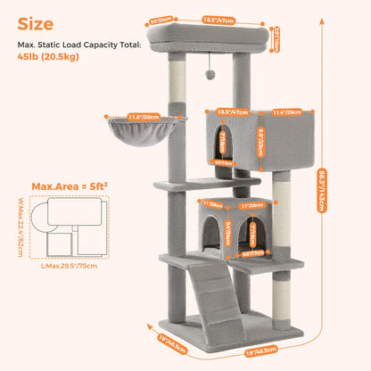 56.3" Cat Tree for Large Cats Adult with Super Large Top Perch Cat Tower with Plush Hammock Dangling Pompom Cat Scratching Post