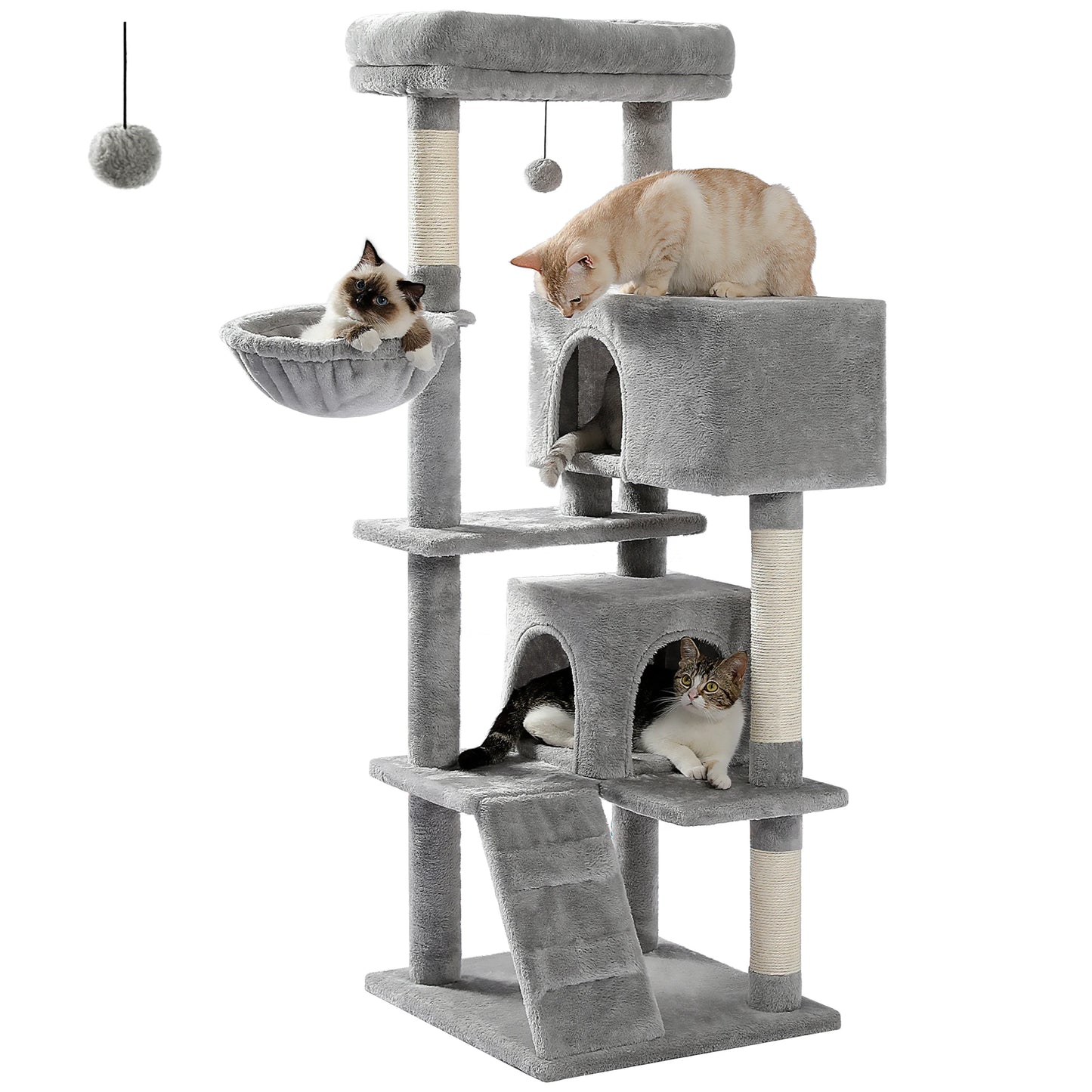56.3" Cat Tree for Large Cats Adult with Super Large Top Perch Cat Tower with Plush Hammock Dangling Pompom Cat Scratching Post