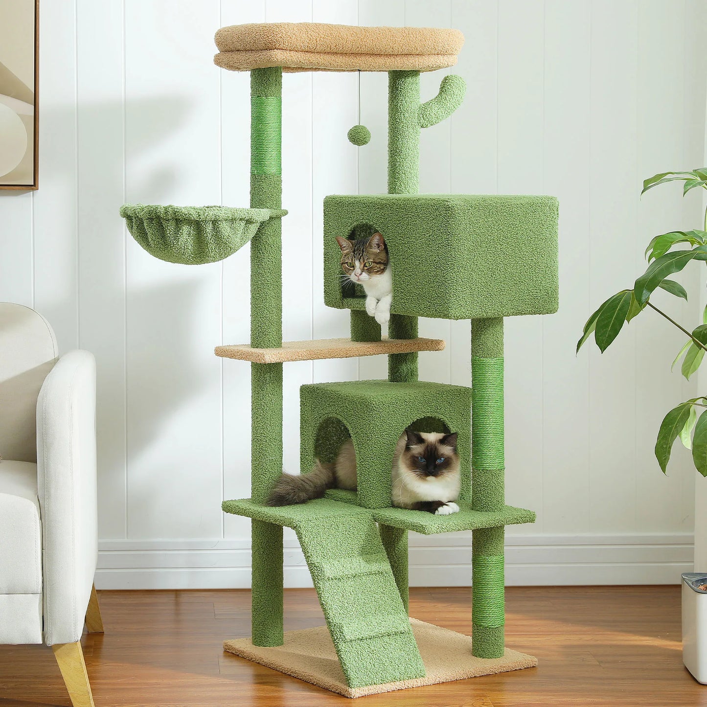 56.3" Cat Tree for Large Cats Adult with Super Large Top Perch Cat Tower with Plush Hammock Dangling Pompom Cat Scratching Post
