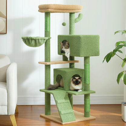 56.3" Cat Tree for Large Cats Adult with Super Large Top Perch Cat Tower with Plush Hammock Dangling Pompom Cat Scratching Post