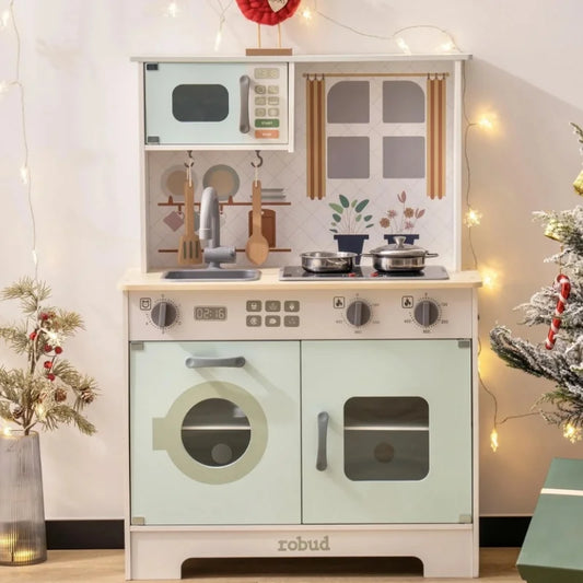 Robotime Robud Play Kitchen Pretend Playset w/ Lights & Sounds Gift for Girls Boys Age 3+ Light Green