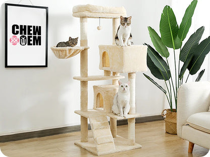 56.3" Cat Tree for Large Cats Adult with Super Large Top Perch Cat Tower with Plush Hammock Dangling Pompom Cat Scratching Post