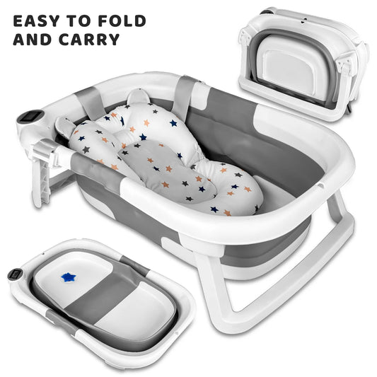 Foldable Baby Bathtub, Baby Bathtub With Soft Cushion And Thermometer, Portable Travel Baby Bathtub